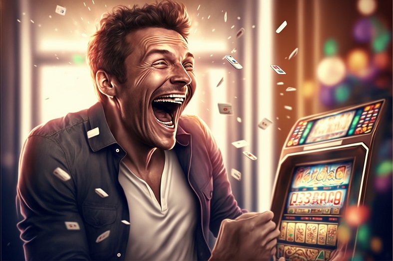 Bărbat încântat jucând într-un cazinou online cu tabletă